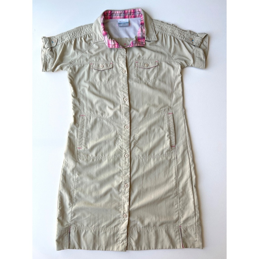 Columbia Omni-Shade Dress Sun Protection Girls L 14/16 Khaki Pink Plaid Hiking
